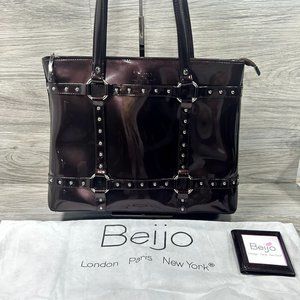 Beigo Shiny Vinyl Burgundy Shoulder Purse With Dust Bag - OS